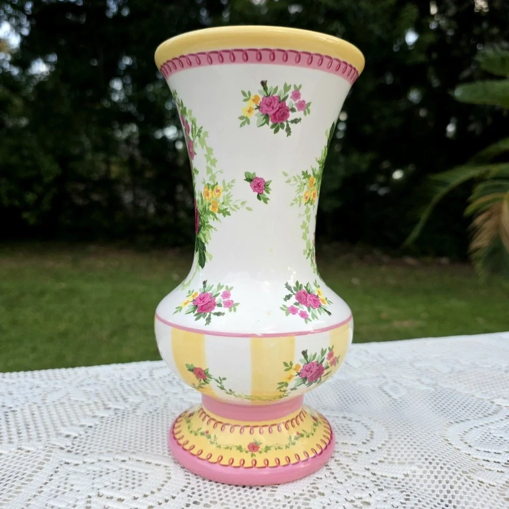 Laura Ashley Vase Cottagecore Pink Striped Shabby Chic Floral 9